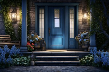 Front Door with Metal Frame, Glass Inserts, and Cozy Patio
