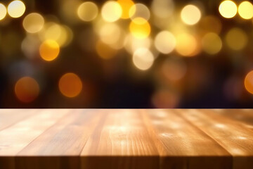 Wooden table with sparkling bokeh lights against a blurred backdrop. Generative AI