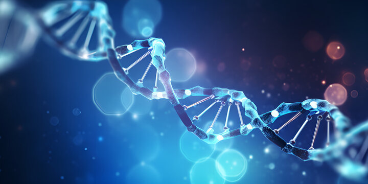 Blue DNA strand closeup full screen d image, Glowing DNA life cell wallpaper a science evolution , GENERATIVE Ai
