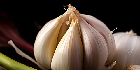  Close up view of fresh garlic pods on black background ,  garlic on black background, generative Ai