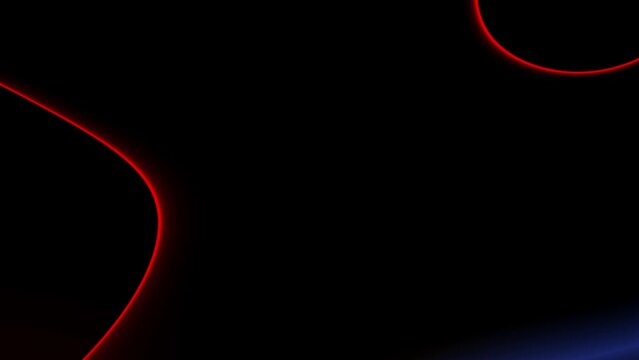 Glowing blue and scarlet red lines on black background. Flowing motion of wavy lines. Dark backdrop with abstract moving curved lines. Technology wallpaper, website banner, cover, presentation design