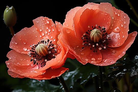 Two red red poppies flower with water drops. Generative AI