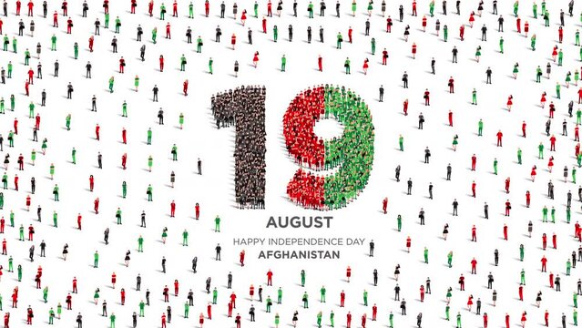 Happy Independence Day Afghanistan. A large group of people form to create the number 19 as Afghanistan celebrates its Independence Day on the 19th of August. 4K Animation Video.