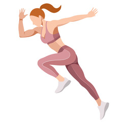 Fototapeta na wymiar vector realistic image of a girl in a sports uniform (leggings and a sports bra) jogging, doing sports, running sprint, leading an active lifestyle isolated on white background. marathon preparation.
