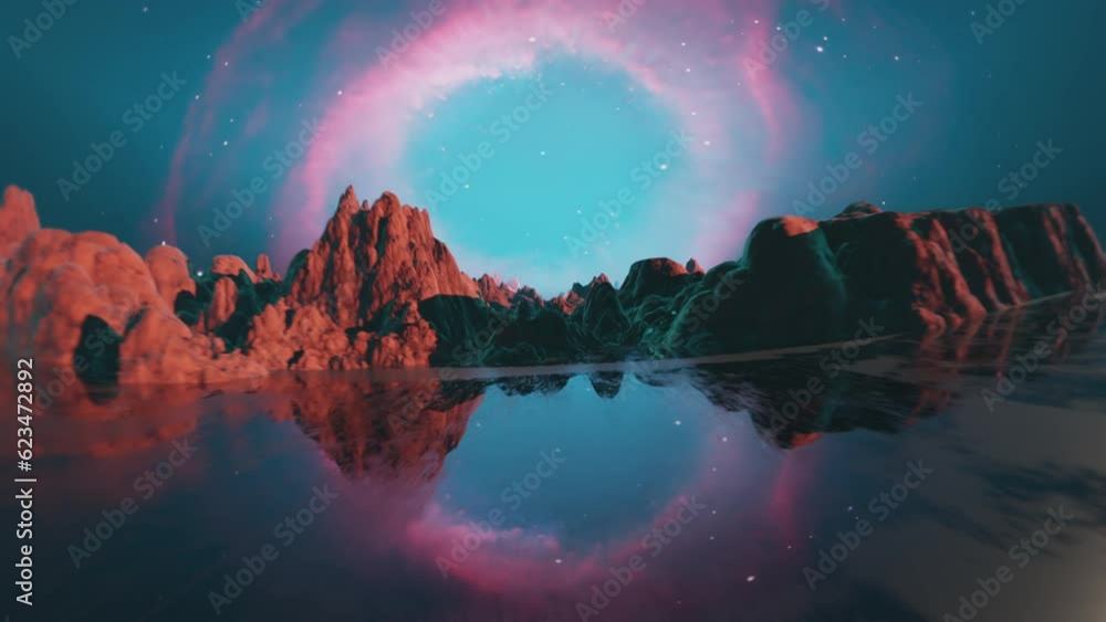 Wall mural flying over the surface of an ocean covered alien planet with red rocks. terraformed mars. planet in