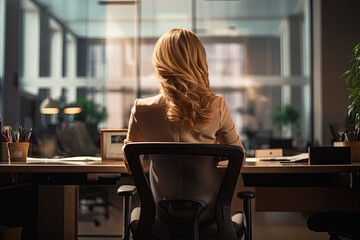 a women sitting in a chair in front of a desk in an office, back view