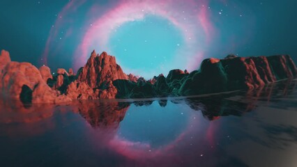 Flying over the surface of an ocean covered alien planet with red rocks. Terraformed mars. Planet in space containing water. Nebula in the sky. Sci fi, science fiction looping video.