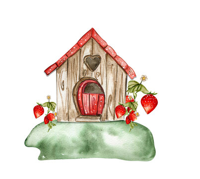 An old wooden house with flower composition . An old rusty enamel element. Hand drawn watercolor illustration. Perfect for wedding invitation, greetings card, posters.