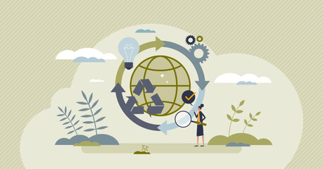 Circular economy model for sustainable resources saving tiny person concept. Manufacturing from recycled materials and environmental production for effective trash management vector illustration.