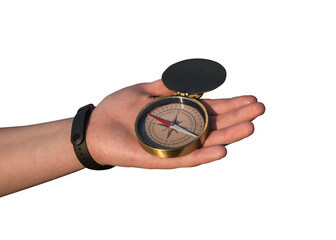 Kompas pokazujący kierunki świata na wyciągniętej dłoni, bez tła.