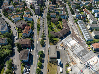 Aerial view of City of Zürich district Schwamendingen with highway enclosure construction site on...