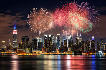 The big modern city by the lake is celebrating the new year with fireworks