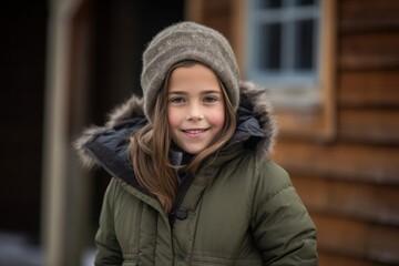 Environmental portrait photography of a grinning kid female wearing a cozy winter coat against a rustic farmhouse background. With generative AI technology