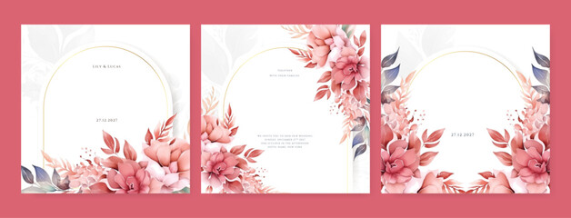 Beautiful floral wedding invitation card template design, pink watercolor decorated with flowers on white