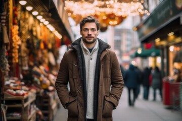 Lifestyle portrait photography of a glad boy in his 30s wearing a cozy winter coat against a bustling marketplace background. With generative AI technology