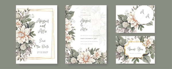 Wedding invitation card template with line art floral decoration. Abstract background save the date, invitation, greeting card, multi-purpose vector