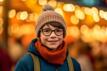 Medium shot portrait photography of a grinning kid male wearing a warm beanie or knit hat against a vibrant festival background. With generative AI technology