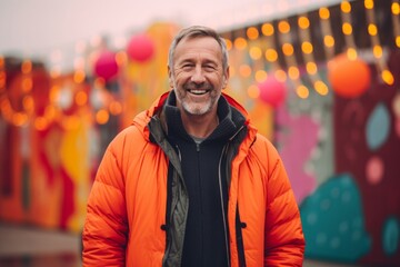 Fototapeta premium Photography in the style of pensive portraiture of a happy mature man wearing a comfortable tracksuit against a vibrant festival background. With generative AI technology