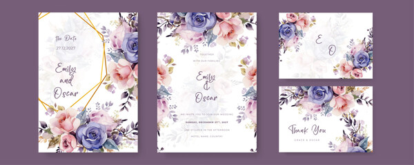Watercolor wedding invitation template with rust flower dried floral and leaves decoration