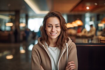 Medium shot portrait photography of a happy girl in her 30s wearing a cozy zip-up hoodie against a swanky hotel lobby background. With generative AI technology
