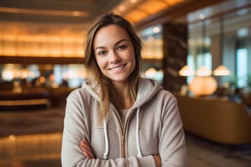 Medium shot portrait photography of a happy girl in her 30s wearing a cozy zip-up hoodie against a swanky hotel lobby background. With generative AI technology