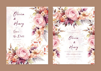 Elegant watercolor texture in pink flower, gold sparkle, gold border. Spring floral design illustration for wedding and cover template, banner, invite.