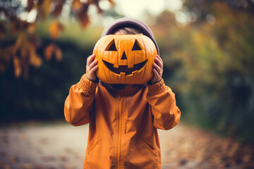 A child playing with a halloween carved pumpkin outdoors