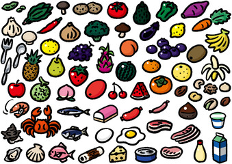 手描き風コミックパーツカラー　色々な食品や料理のセット