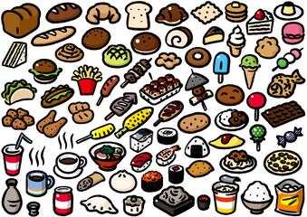 手描き風コミックパーツカラー　色々な食品や料理のセット