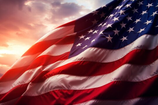 Waving american flag for memorial day on sunset background. 4th of July. Labor Day. Independence Day. 