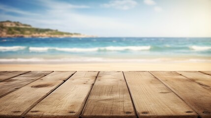 Fototapeta na wymiar Empty Wooden Planks With Blur Beach And Sea On back