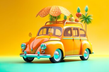 Orange retro car with summer vacation accessory
