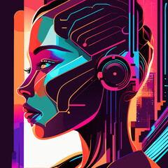 Futuristic woman face with headphones. Vector illustration in neon style.