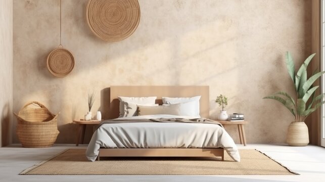 home interior mock up room design concept beautiful bedroom with natural light wooden mood and tone colour scheme soft and cosy interior home background,ai generate