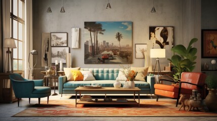 retro design fifty interion colorful scheme living room home design concept background,house beautiful ideas sofa and armchair arrange in living area with natural light,ai generate - Powered by Adobe