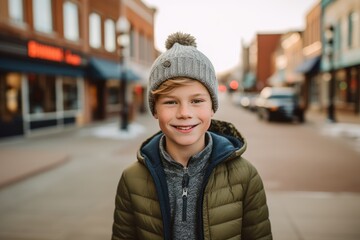 Eclectic portrait photography of a happy mature boy wearing a warm beanie or knit hat against a small town main street background. With generative AI technology
