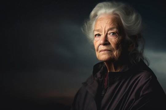 Editorial portrait photography of a glad old woman wearing an elegant long-sleeve shirt against a dramatic thunderstorm background. With generative AI technology