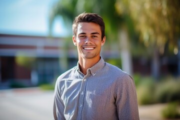 Fototapeta premium Medium shot portrait photography of a glad boy in his 30s wearing a classy button-up shirt against a school campus background. With generative AI technology