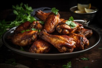 Close-up of american barbecue wings on a plate. Generative ai.
