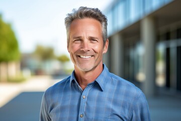 Studio portrait photography of a glad mature boy wearing a casual short-sleeve shirt against a school campus background. With generative AI technology
