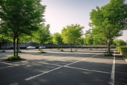 Empty parking lot with many trees. Generative ai.