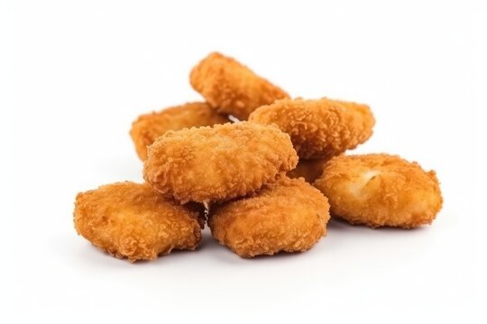 Heap of golden chicken nuggets isolated on white background. Generative ai.