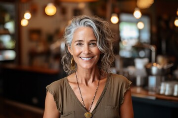 Obraz premium Eclectic portrait photography of a satisfied mature woman wearing a stylish tank top against a cozy coffee shop background. With generative AI technology