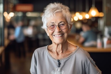 Headshot portrait photography of a happy old woman wearing a casual short-sleeve shirt against a cozy coffee shop background. With generative AI technology