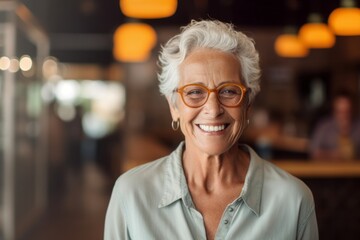 Fototapeta na wymiar Headshot portrait photography of a happy old woman wearing a casual short-sleeve shirt against a cozy coffee shop background. With generative AI technology