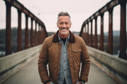 Eclectic portrait photography of a grinning mature man wearing a sleek bomber jacket against a rustic bridge background. With generative AI technology