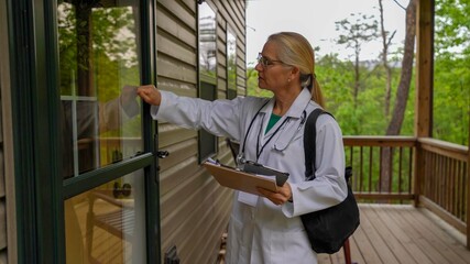 Nurse or doctor arriving for home visit in rural area, with closeup and smiling at door.
