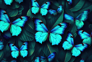 Beautiful background of tropical blue butterflies