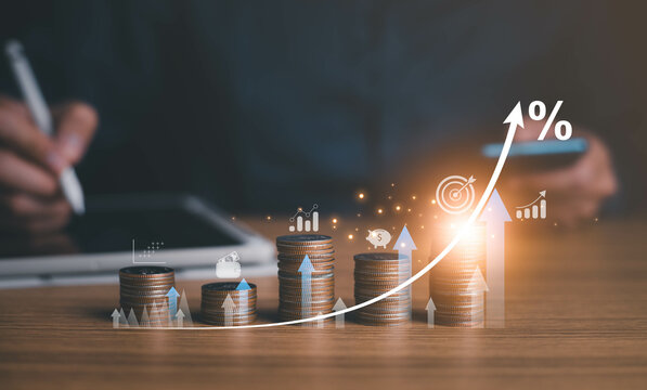 Interest rate and dividend concept, businessman calculating income and return on investment, save, income, return, retirement, compensation fund, investment, dividend tax, stock market, saving, trade.