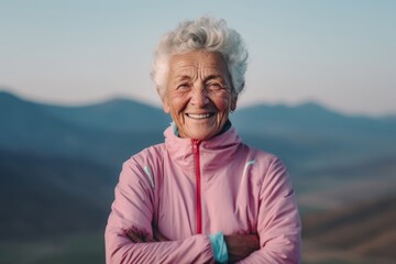 Fototapeta na wymiar Close-up portrait photography of a glad old woman wearing a comfortable tracksuit against a rolling hills background. With generative AI technology